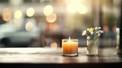 Canvas Print -   A candle sits on a table beside a vase with a flower, and another vase holds a flower