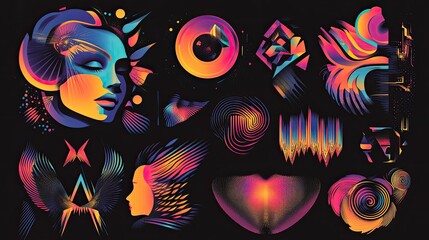 Wall Mural - Abstract colorful illustration with female faces, geometric shapes, and vibrant patterns on a dark background.