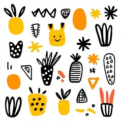 Poster - Contemporary seamless geometric pattern featuring hand-drawn squares, stripes, lines, dots, triangles, and zigzags.