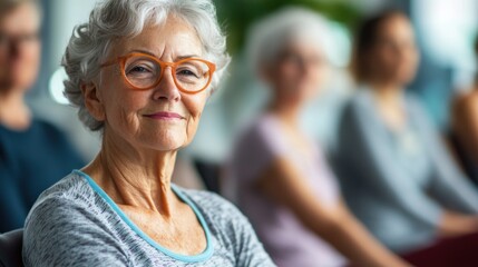 Poster - Confident senior woman in a group, smiling at the camera.