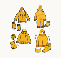 hand drawn of a cozy winter outfit. knitted sweater, woolen hat, and fur boots with Cozy Vibes inscription. Yellow knitwear set, perfect for seasonal designs, fashion, Vector illustration