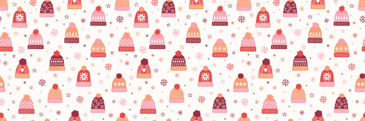 Wall Mural - colourful seamless pattern with winter hats in cartoon style. banner. vector illustration