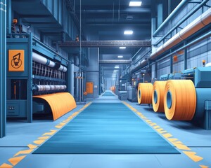 Poster - A modern industrial factory interior showcasing blue machinery with orange accents, emphasizing a clean, organized workspace.