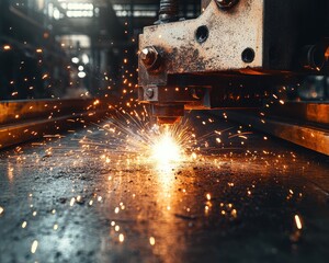 Poster - Close-up of a laser cutting machine creating sparks in an industrial workshop.