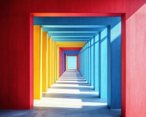 Poster - Vibrant corridor with colorful walls showcasing a play of light and shadows in a modern architectural design.