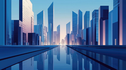 Modern skyscrapers of a smart city, futuristic financial district, graphic perspective of buildings and reflections - Architectural blue background for corporate and business brochure template