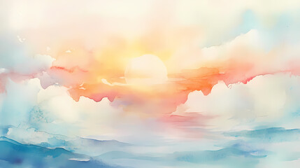 Wall Mural - serene watercolor heavenscape features soft pastel hues, whimsical fluffy clouds, and warm glowing l