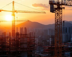 Poster - Silhouetted cranes and construction site against a vibrant sunset, showcasing urban development and progress.