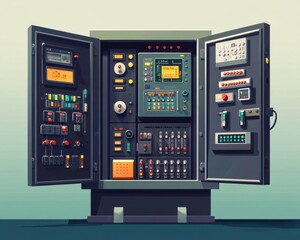 Poster - A detailed control panel with various buttons, knobs, and screens, showcasing a blend of technology and design.