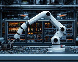 Poster - A sophisticated robotic arm assembling electronic components in a high-tech factory environment.