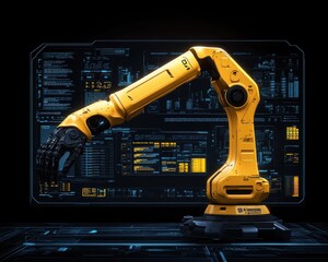 Poster - A futuristic yellow robotic arm stands against a digital interface, showcasing advanced technology and innovation.