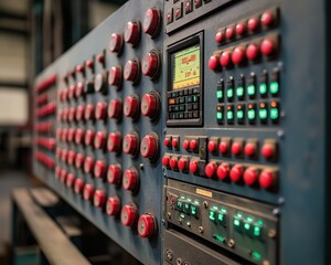 Poster - Control panel featuring numerous buttons and digital display in an industrial setting.