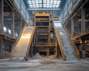 Poster - Industrial setting with metal conveyor belts transporting materials in a spacious factory environment.
