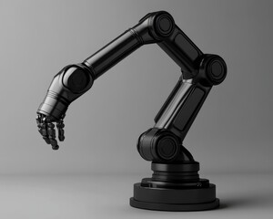 Poster - A sleek black robotic arm with articulated joints against a neutral background, showcasing advanced engineering and design.