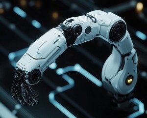 Poster - A futuristic robotic arm with intricate details, featuring metal and synthetic elements against a high-tech background.