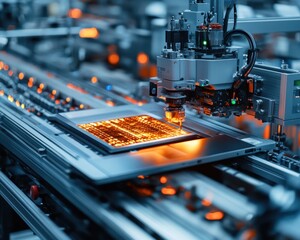 Poster - A close-up of advanced machinery in a semiconductor manufacturing facility, showcasing intricate circuitry.