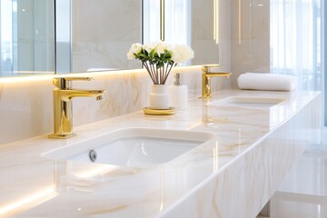 Wall Mural - Elegant modern double-sink marble countertop vanity design featuring integrated lighting and gold hardware in a stylish bathroom setting