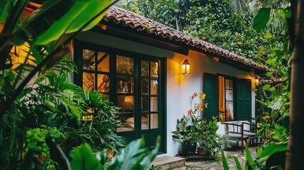 Poster -   A white house with green shutters, a brown roof, green door, and windows