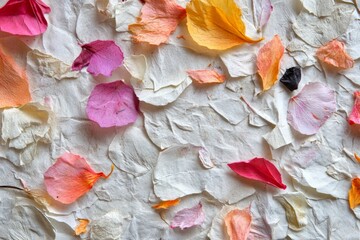 Poster - This image features a vibrant array of colorful floral petals laid across textured paper, highlighting the intersection of nature and artistic expression in a serene composition.