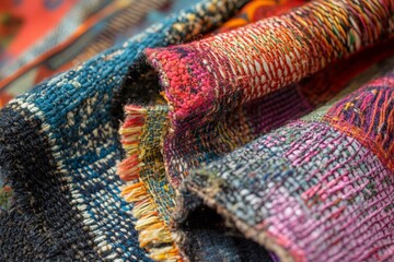 Poster - Vibrant and intricately woven textiles folded together, showcasing a rich array of colors and textures that create a visually striking focal point.