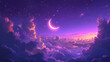 © Thiago - Dreamy purple night sky with luminous crescent moon wispy clouds and twinkling stars celestial phone wallpaper. Dreamy. Illustration