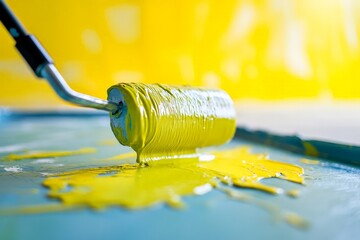 Poster - A paint roller coated in vibrant yellow paint is poised above a tray, illustrating the active process of home improvement and the vibrant colors of creativity in action.