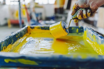 Poster - A hand holding a paint roller over a colorful paint tray, showcasing the active engagement in a creative task, embodying enthusiasm and the joy of artistic expression.