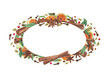 © Masha_tolk_art - Watercolor winter spices with orange slices oval frame with empty space for text. Cinnamon, dried fruit, cardamom, anise, cloves with green foliage illustration for Christmas package design.