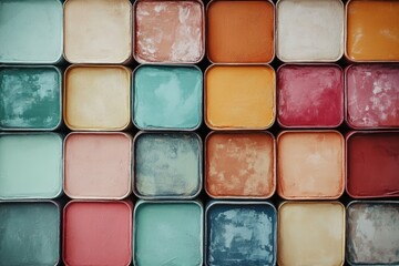 Poster - A striking arrangement of vintage paint tins showcasing a spectrum of weathered colors, evoking nostalgia and a sense of artistic expression in home improvement projects.