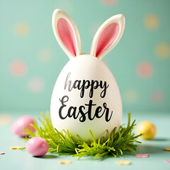 Wall Mural - Happy Easter bunny egg with ears on the grass on blue background. Square composition.  