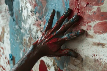 Poster - A close-up of a hand smeared with vibrant paints, touching a textured wall. The interplay of colors evokes creativity and artistic expression in the painting process.