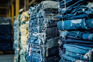 Aufkleber - This image showcases neatly stacked denim fabrics in various shades, highlighting the abundance and variety available in textile warehouses or factories.