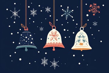 Wall Mural - Hanging from the ceiling with a blue background, three red bells are surrounded by snowflakes.