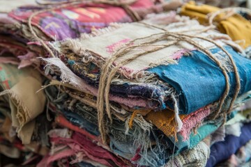 Fototapete - This image features vibrant bundles of various fabrics tightly tied with twine, emphasizing their colorful patterns and textures in a textile collection.