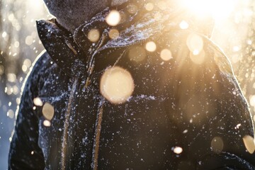 Poster - A figure in a snowy, sunlit environment, showcasing intricate snowflakes on their clothing, evoking a feeling of warmth and serenity amidst the cold winter landscape.