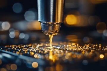 Fototapete - This close-up image captures the intricate process of precision dispensing in electronics manufacturing, showcasing liquid beads being deposited on a circuit board.