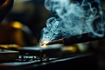Fototapete - A close-up shot of a welding process, capturing the dynamic nature of metalwork with smoke billowing from the operation, signifying artistry and craftsmanship in metal fabrication.