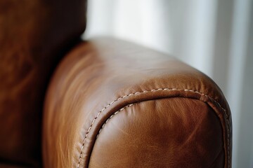 Poster - A close-up of a stylish light brown leather sofa armrest, featuring soft textures and neat stitching that exemplify contemporary design and provide a cozy, warm atmosphere to any space.