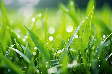 Wall Mural - Green wet grass in water drops after rain. Fresh summer plants in sunlight