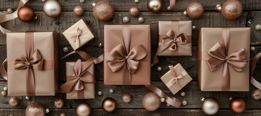 Poster - Elegant Holiday Flat Lay with Mocha Mousse Gift Boxes and Satin Ribbons for Festive Design