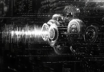 Poster - Dynamic digital illustration of gears and cogs with light streaks