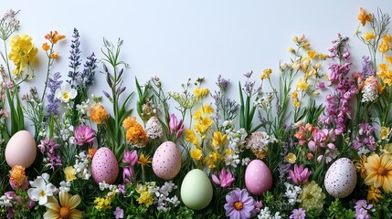 Wall Mural - A bunch of easter eggs sitting on top of a lush green field of flowers