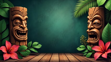 Vibrant tiki carvings surrounded by tropical flora create an enchanting atmosphere of celebration