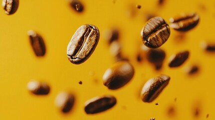 Wall Mural - a cluster of coffee beans hovering together on a yellow background, surrounded by scattered coffee b