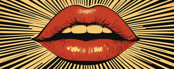 Wall Mural - Vibrant pop art style lips illustration with dynamic lines