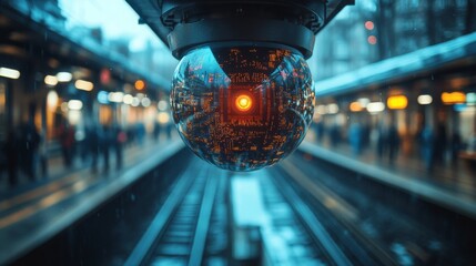 Poster - Security team utilizing artificial intelligence at a busy railway station during rush hour