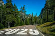 © Summit Art Creations - 2025 New Year road trip travel and future vision concept . Nature landscape with highway road leading forward to happy new year celebration in the beginning of 2025 for elation and successful start .