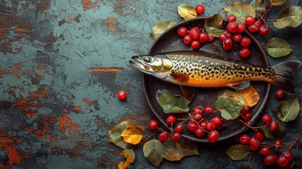 Wall Mural - A fish on a plate with red berries and leaves