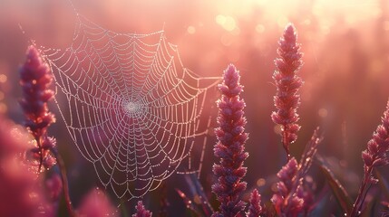 A spider web in the middle of a field of flowers
