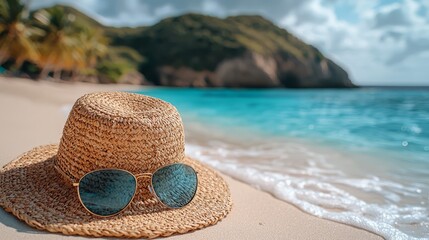 Wall Mural - A straw hat and sunglasses on a beach next to the ocean